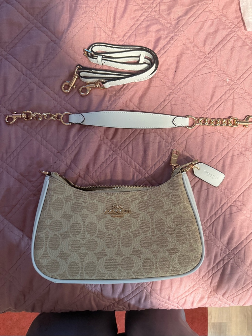 Coach Beige Signature Canvas Shoulder Bag with White Trim